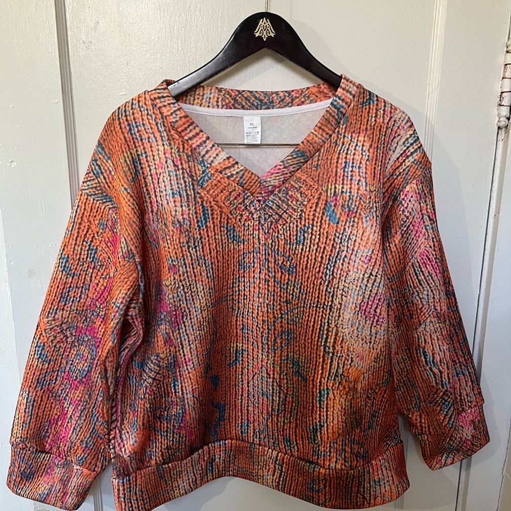 Boho Retro 3D Textured Knit V-Neck Sweater/Sweatshirt - Multi-Tone Abstract XL